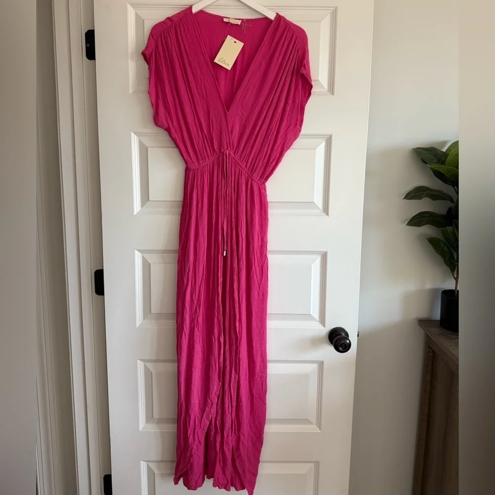 Elan Deep V-Neck Wrap Maxi Coverup Dress Pink Small NWT